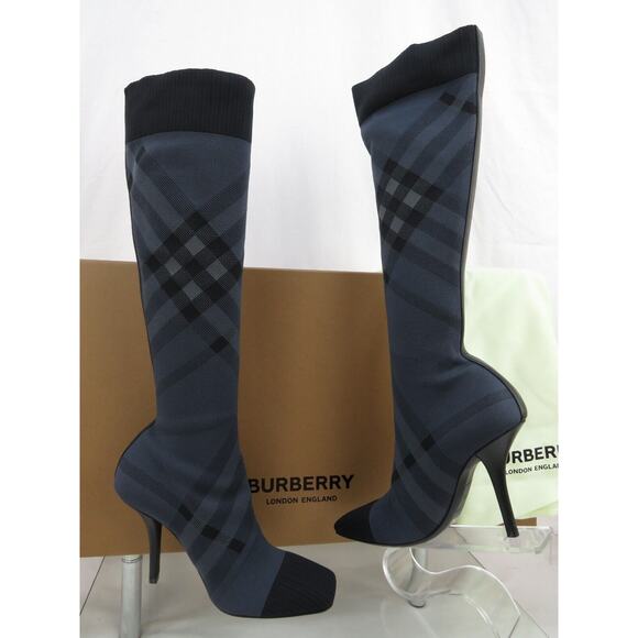 $1000 BURBERRY DOLMAN NAVY GRAY KNITTED CHECK KNEE HIGH HEEL SOCK BOOTS 37 - Picture 11 of 15